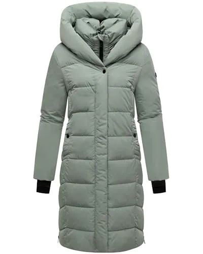 Navahoo Damen Langer Wintermantel warmer Steppmantel mit abnehmbarem Kragen-Einsatz Laubzauber 14 Smokey Mint Gr. XL
