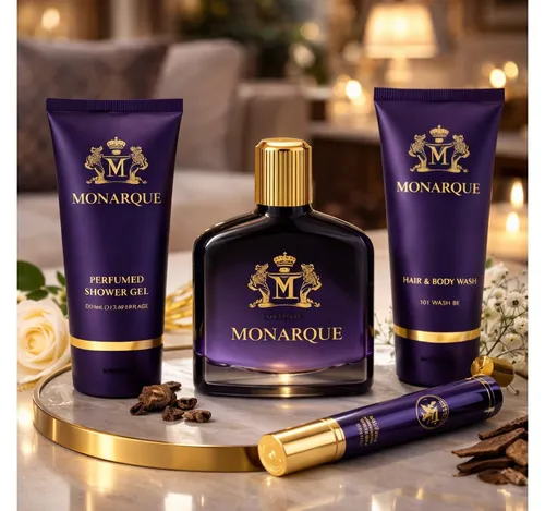 Pflege-Geschenkset Monarque Pour Homme 4-tlg. Herren Duftset - Vielseitiges Geschenkset mit Eau de Parfum, Duschgel, Aftershave und praktischer Reisegröße. Ideal für stilbewusste Herren, die Wert auf Qualität und Pflege legen.