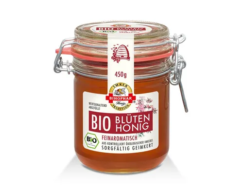 Bihophar Bio Blütenhonig 450g - Bio Blütenhonig im Glas mit Bügelverschluss, ideal zum Süßen von Brot und Getränken, 100% natürlich und nachhaltig.