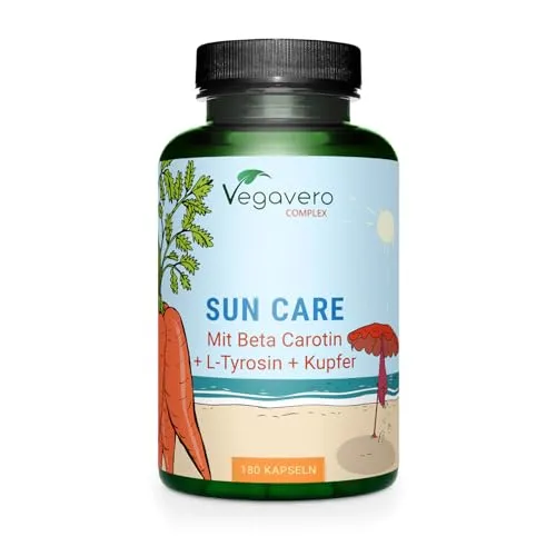 Vegavero® Sun Care Komplex | 180 Kapseln - Antioxidant Betacarotin mit einer einzigartigen Kombination aus Beta Carotin, Lycopin und Zink für gesunde Hautpigmentierung, vegan und ohne Zusatzstoffe.