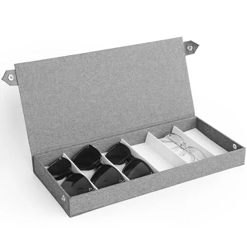 Cozary Aufbewahrungsbox für Brillen - Brillenbox für Mehrere Brillen mit Flip-Top-Design Druckknöpfen, Brillenaufbewahrung für Sonnenbrillen, Schmuck und Accessoires mit 6 Fächern - Grau - 38x17x4cm