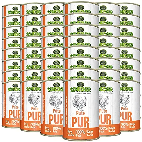 Schecker Nassfutter getreidefrei - 100% Pute PUR - 48 x 410 g - Hypoallergenes Hundefutter mit hochwertigem Putenfleisch, ideal für empfindliche Hunde. Entwickelt aus über 60 Jahren Erfahrung in der Tiernahrung, garantiert beste Qualität für jeden Hund.