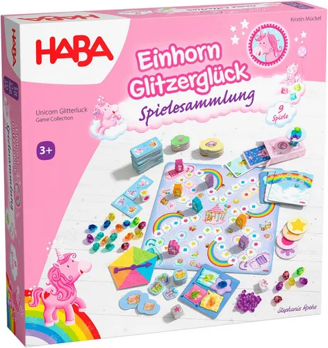 HABA Einhorn Glitzerglück - Spielesammlung - Vielfältige Spielesammlung mit 9 spannenden Spielen rund um Einhörner, ideal für kreative Spielstunden und fördert die Fantasie von kleinen Einhorn-Fans.