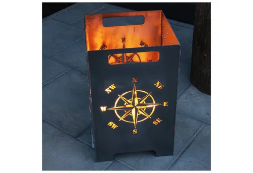 teileplus24 FT01 Feuertonne – Groß Eckig mit Kompass Design - Hochwertige Feuertonne aus 2mm Stahl, witterungsbeständig und hitzefest. Ideal für kalte Abende, einfach zu reinigen und werkzeuglos aufbaubar – perfekter Gartenbegleiter!