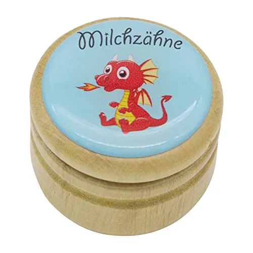 GICO Milchzahndose, Zahndose Milchzähne Bilderdose mit diversen Motiven aus Holz für Jungen und Mädchen mit Drehverschluss 44 mm (Drache)