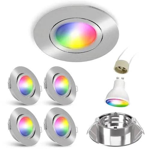 linovum 4er Set Wifi Einbauleuchten GU10 - 4 schwenkbare Deckenstrahler in Edelstahloptik mit RGB CCT Steuerung per App oder Sprache. Keine Bridge nötig - einfach über Wifi verbinden und bis zu 16 Millionen Farben genießen!