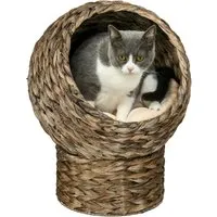 PawHut Rattan Katzenkorb – Stilvolle Katzenhöhle mit Kissen - Katzenhöhlen & -häuser: Dieser moderne Katzenkorb aus Wasserhyazinthe bietet einen geschützten Rückzugsort und sorgt für optimalen Komfort mit einem abnehmbaren, waschbaren Kissen.