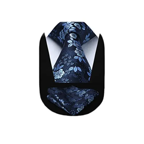 HISDERN Blumen Krawatte Hochzeit Herren Formale Krawatte Taschentuch Krawatten Navy Blau & Einstecktuch Set