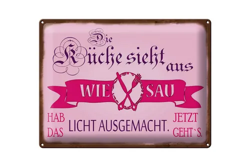 Femer GmbH Metallschild Spruch 30x40 cm Küche sieht aus wie Sau hab das Licht aus, (1 St), gewölbte Oberfläche, abgerundete Ecken, umgeschlagene Kanten