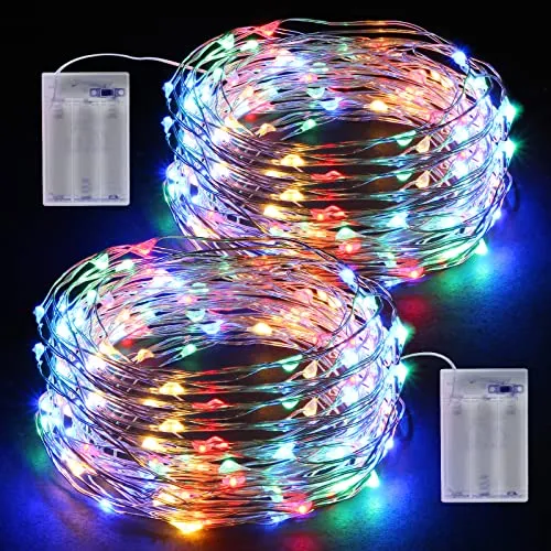LED Lichterkette Batterie, 2 x 12M Draht Micro mit 120 Wasserdicht Silberdraht Lichterketten für Zimmer, Kinderzimmer, Weihnachten, Party, Hochzeit, DIY, Innen, Außen (Bunt)