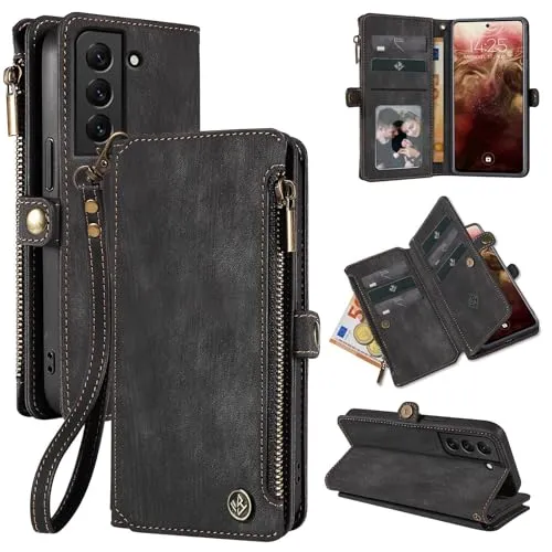 LBH Handy Hülle für Samsung Galaxy S21 FE Klapphülle RFID Schutz Wallet Geldbeutel Geldbörse Cover Case Flipcase Kartenfächer Geldfach Münzfach Schwarz
