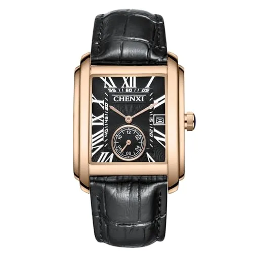 JewelryWe Herren Uhren Analog Quarz Kalender 30M wasserdichte Armbanduhr Römischen Ziffern Rechteckige Geschäfts Beiläufige Uhr mit Echtleder Leder Armband