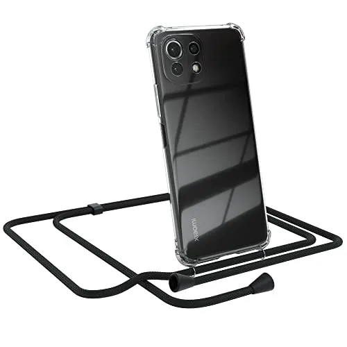 EAZY CASE Handykette kompatibel mit Xiaomi Mi 11 Lite 5G Handyhülle mit Umhängeband, Handykordel mit Schutzhülle, Silikonhülle, Hülle mit Band, Stylische Kette für Smartphone, Schwarz - Clips Schwarz