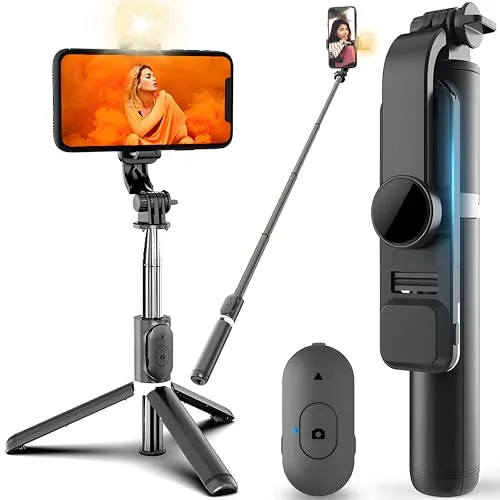 Retoo Selfie Stick Bluetooth Stativ Erweiterbar bis 104 cm Handy Telefonstativ Teleskopstange 360° Drehbar Handyhalter Kabelloser Fernbedienung für Smartphones Neigungswinkel 180° Schwarz