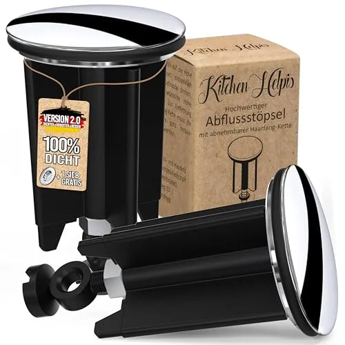 Kitchen Helpis® 2X Universal Waschbeckenstöpsel, 40 mm Abflussstopfen inkl. 1 x Abflusssieb, Stöpsel Waschbecken verhindert Verstopfung & Gerüche, Abfluss Stöpsel schwarz/Chrom, Abflusstopfen