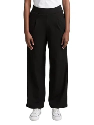 Tom Tailor Damen Hose 1047944 - Weit geschnittene Stoffhose in Deep Black - Stylische Jeans mit elastischem Bund und Falten-Details, perfekt für Arbeit oder Freizeit. Aus pflegeleichtem Crêpe mit Stretch für optimale Bewegungsfreiheit.
