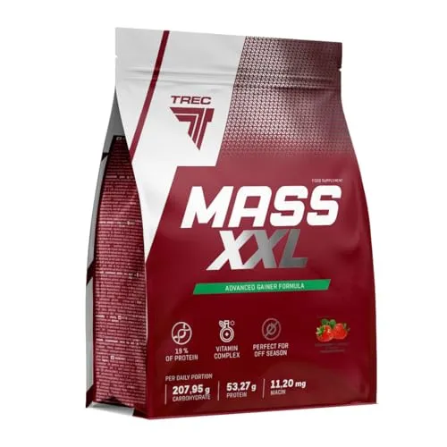 Trec Nutrition Mass XXL (4800g) Strawberry - Gewichtszunahme ohne Kreatin - Sportnahrung für effektive Gewichtszunahme, enthält hochwertige Whey Proteinmischung und sorgt für schnellen Muskelaufbau. Ideal für Sportler und aktive Menschen.