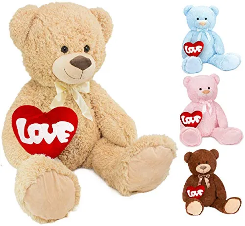 BRUBAKER XXL Teddybär 100 cm - Beige mit Love Herz - Stofftier & Teddybär: Flauschiger 100 cm großer Teddybär mit separatem 💖LOVE💖 Kissen, ideal zum Kuscheln und Verschenken an besonderen Anlässen.