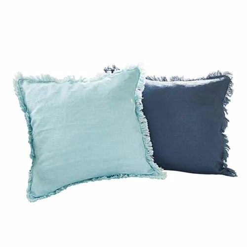 Loberon Kissenhülle 2er Set Quebo, edle Farbharmonie, Schlichtes Design, dekorative Fransenkanten, Kissenbezug, Wohntextilien, Wohn-Accessoires Leinen, türkis/blau