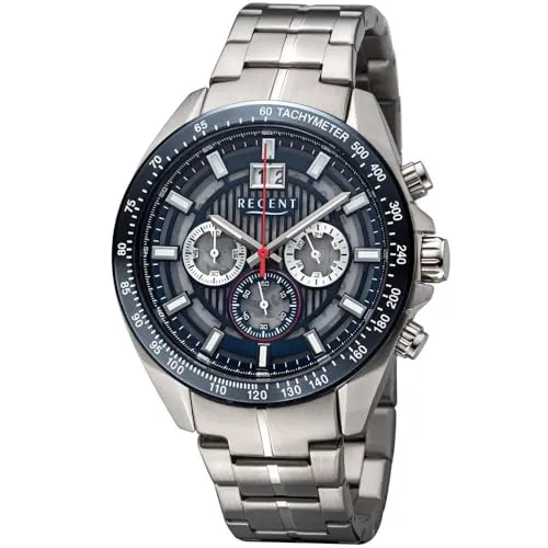 Herren Armbanduhr Chronograph Regent - Armbanduhr für Herren mit Chronograph und Datumsanzeige. Robustes Edelstahlgehäuse, wasserdicht bis 100 m, stilvolles blaues Lederarmband mit roter Naht.