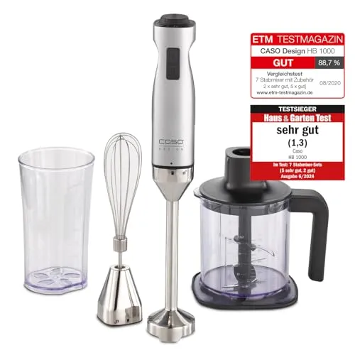 Caso HB 1000 Design Stabmixer - Testsieger Stabmixer mit 1000 Watt, 2 Geschwindigkeitsstufen und 3-teiligem Zubehörset für vielseitige Anwendungen in der Küche.