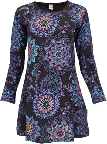 Guru-Shop Midikleid Besticktes Boho Chic - Alternativ und stilvoll: 100% Baumwolle, Rundhalsausschnitt, Langarm, in elegantem Schwarz mit floralen Stickereien, ideal für kreative Outfits.