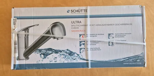 SCHÜTTE ULTRA Küchenarmatur mit ausziehbarer Brause - Armatur für Niederdruck mit zwei Strahlarten und hochwertigem Messingkörper – ideal für vielseitige Küchenanwendungen und edles Design.