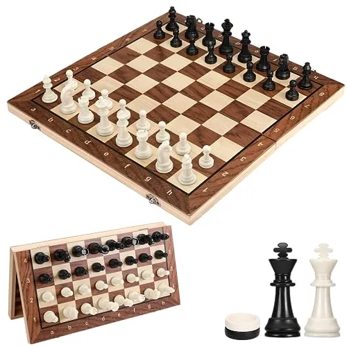 Mkitnvy Schachspiel Magnetisch, 3 In 1 Schachbrett Holz Hochwertig Schach und Dame, Einklappbar und Tragbar Chess Board Set für Erwachsene Kinder Party Reisen (39x39cm), CX-GJXQ-39