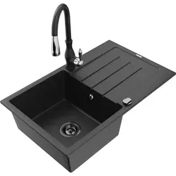 Mexen Bruno 1 Becken-Granitspüle mit Abtropffläche und Mischbatterie Savita, Schwarz/Silber - 6513-73-672601-70-B