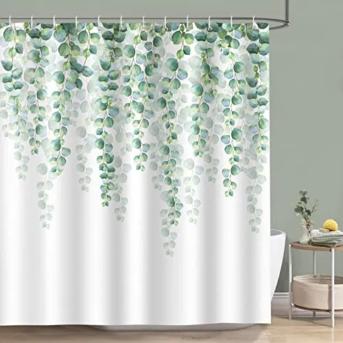 Bonhause Duschvorhang Eukalyptus Grüne Blätter Pflanze Duschvorhänge 180 x 180 cm Anti-Schimmel Wasserdicht Polyester Stoff Waschbar Bad Vorhäng für Badzimmer mit 12 Haken
