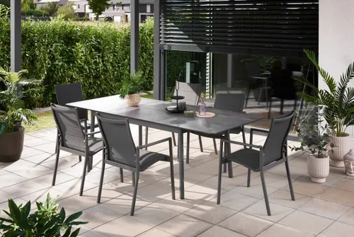 Primaster Garten-Essgruppe Taormina Bilbao für 6 Personen - Gartenmöbelset aus Aluminium mit ausziehbarem Tisch, ideal für gesellige Abende im Freien und platzsparend