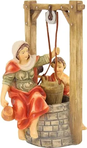 FADEDA JOK: Brunnen mit Magd & Kind/Höhe: 13cm/handbemalt/detailgetreue Krippen Figuren