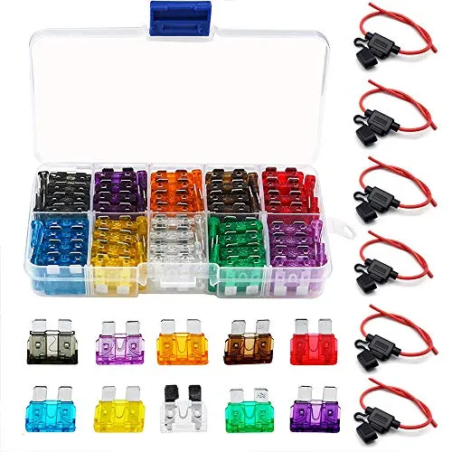 kfz Sicherungshalter 12 Volt +100 Standard Flachsicherungen Auto(2/3/5/7.5/10/15/20/25/30/35A),Bst4U Sicherungshalter kfz 14 AWG mit Wasserdichte Kappe für ATC/ATO Flachsicherunge für Auto/LKW/Moto 6