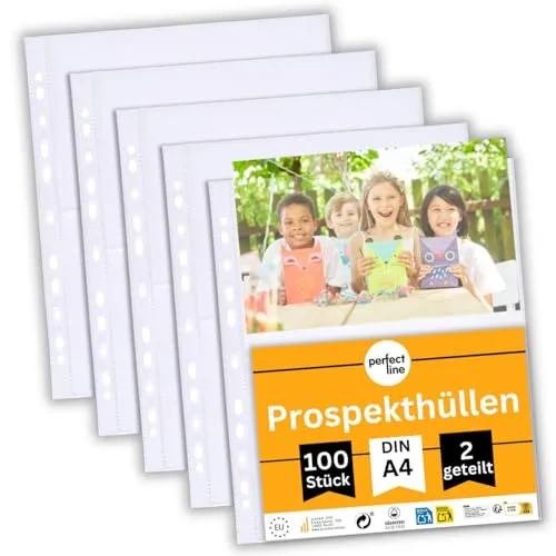 perfect line 100 Sammelhüllen 2-geteilt DIN-A4, Fotothüllen transparent, Prospekthüllen Glasklar, Klarsichtfolien Extra-Stark, dokumentenecht