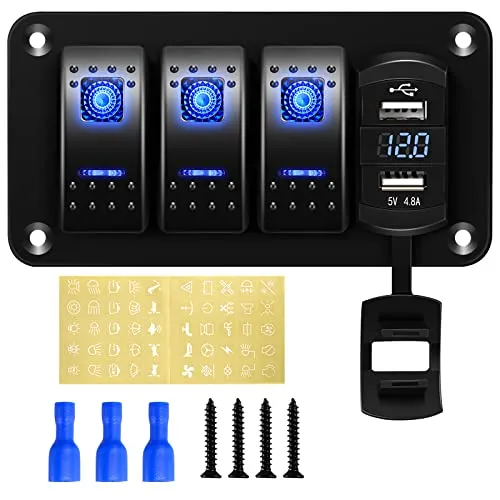 Rupse 12V 24VDC Schalter Panel, 3 Toggle Switch Aluminium Panel mit 4.8A Dual USB Ladebuchse+ Voltmeter Display, IP65 Wasserdichte EIN/AUS Kippschalter für Autos Boote Rvs LKWs Wohnmobi