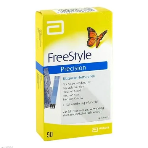 FREESTYLE Precision Blutzucker Teststreifen 50 St - Blutzuckermessgeräte, 50 freiverkäufliche Teststreifen für präzise Messungen ohne Codierung, ideal für Diabetiker.