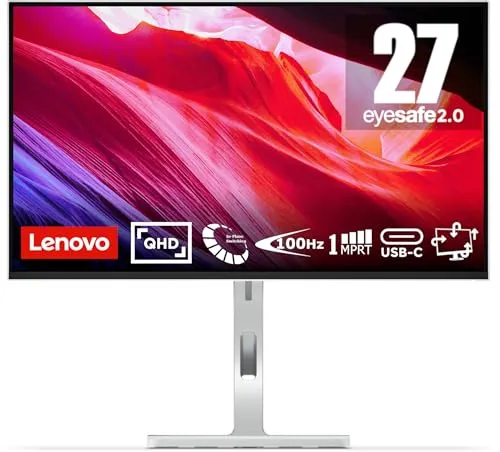 Lenovo L27h-4A 27 Zoll WQHD Monitor - Monitor für Büro und Zuhause mit 2560x1440 Pixeln, breiten Betrachtungswinkeln dank IPS-Technologie und integriertem Lautsprechern für ein vollständiges audio-visuelles Erlebnis.