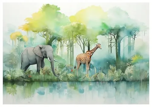 WallArena - Vlies Fototapete Kinderzimmer 350x250 cm Dschungel Tiere - Fototapeten Tapeten für Kinder Mädchen & Jungen - Kindertapete - Kinderzimmertapete Natur Tiere Aquarell