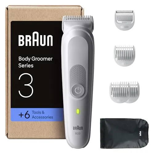 Braun Bodygroomer Series 3, Elektrischer Körperrasierer Herren mit 6 Zubehörteile, Kabelloser Trimmer für Intimbereich und Körper, 80 Min Akku, Wasserdichter Körperhaartrimmer, BG3575, Grau