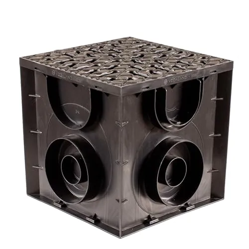 ScarMaxx - Hofablauf 250x250 mm - Bodenablauf mit Schmutzfangeimer, mit Anschluss für KG Rohr verschiedener Größe - Bodenablauf aus Kunststoff - Gusseisen Gitter