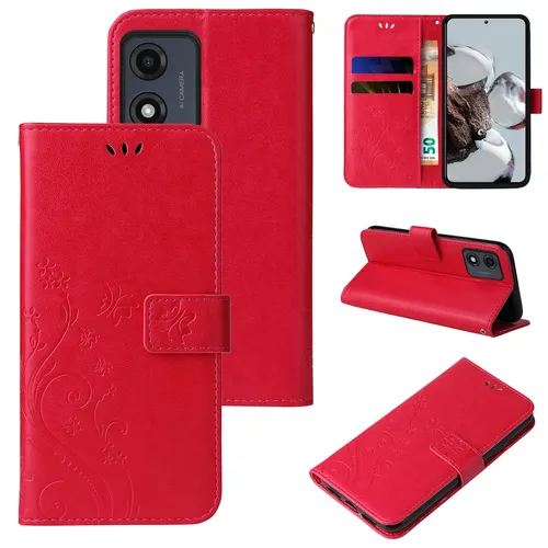 Handyhülle für Motorola Moto E13 Cover Klapp Case Tasche Blume Schmetterling Rot