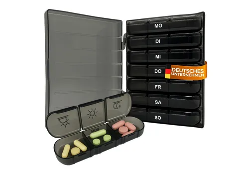Senomed Pillendose Tablettenbox mit 3 Fächern pro Tag – Wochendosierer schwarz, spülmaschinenfest - Praktischer Tabletten-Organizer für 7 Tage mit 3 Fächern pro Tag. Ideal zur übersichtlichen Planung der täglichen Einnahme von Medikamenten und Nahrungsergänzungsmitteln. Robustes, BPA-freies Material, spülmaschinenfest bis 50 °C.