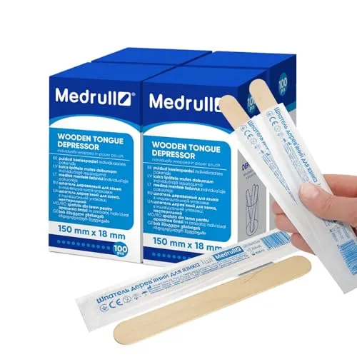 Medrull Holzspatel 400 Stück Einzeln verpackt in Papierbeutel (4x100) 1.8 x 15cm Holzmundspatel zum Auftragen von Salben oder Wachsen-für medizinische Zwecke- den Mund- und Rachenraum zu untersuche