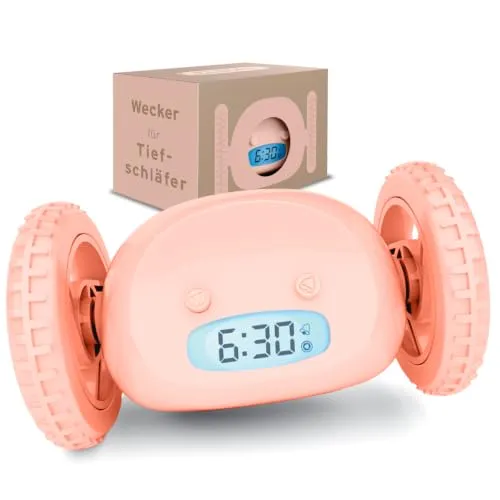 CLOCKY Lauter Wecker Digital Wecker Laut für tiefschläfer Erwachsene Jugendliche Lustig für schwerhörige schwere Schläfer auf Rädern Weglaufen Fahrender Springen Wegrollen Lustiges Geschenk (Rose)