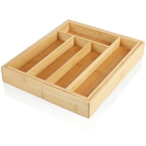 com-four® Besteckkasten aus Bambus - ausziehbarer Besteck-Einsatz für die Schublade - Aufbewahrungsbox (01 Stück - braun - ausziehbar)