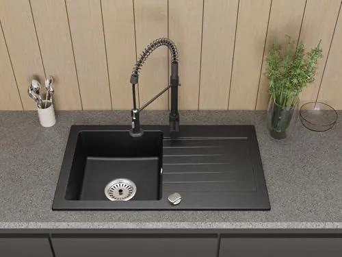 Faizee Granitspüle 75 x 44 cm Schwarz Gesprenkelt – inklusive Armatur Spiral in Schwarz – eckige Einbauspüle aus Granit – beidseitig montierbar, kratzfest, hitzebeständig – modernes Spülbecken