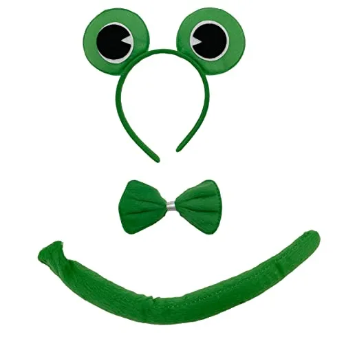 Karneval-Kostüm-Set für Halloween und Party, Tier-Cosplay, Haarreif mit Ohren, Fliegen und Schwanz mit Tiermuster für Mädchen und Frauen, 3 Stück (Frosch)