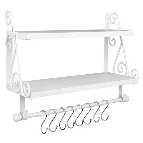 Halcent Wandregal Holz - Schweberegal mit 2 Etagen und 8 abnehmbaren Haken - Schweberegal für Küche und Bad, bietet stilvollen Stauraum und praktische Aufhängemöglichkeiten für Utensilien und Handtücher.