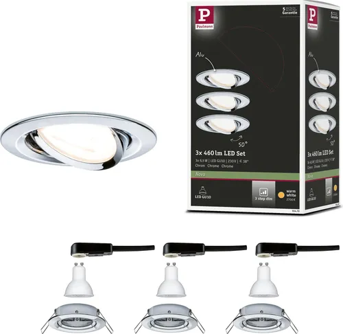 Paulmann LED Einbauleuchte 3-Step-Dim Nova Basisset - Energiesparlampe mit schwenkbarem Design und 3-Step-Dim-Funktion für flexibles Licht. Inklusive langlebiger GU10 LED-Leuchtmittel für warmweißes Ambiente und hohe Energieeffizienz.