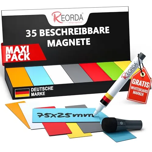 Reorda® Magnetstreifen beschreibbar – 35 Stück – 75x25mm (+ Stift) | Wiederbeschreibbar, beschreibbare Magnete für Whiteboard, Kanban, Magnettafel